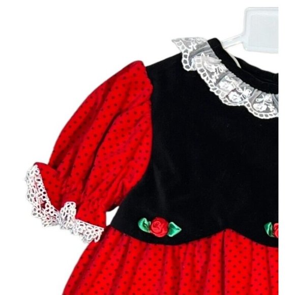 New Toddler Girl Red Dress Size 18 Month Velvet Black Rose Lace Polka Dot VTG - Picture 5 of 6
